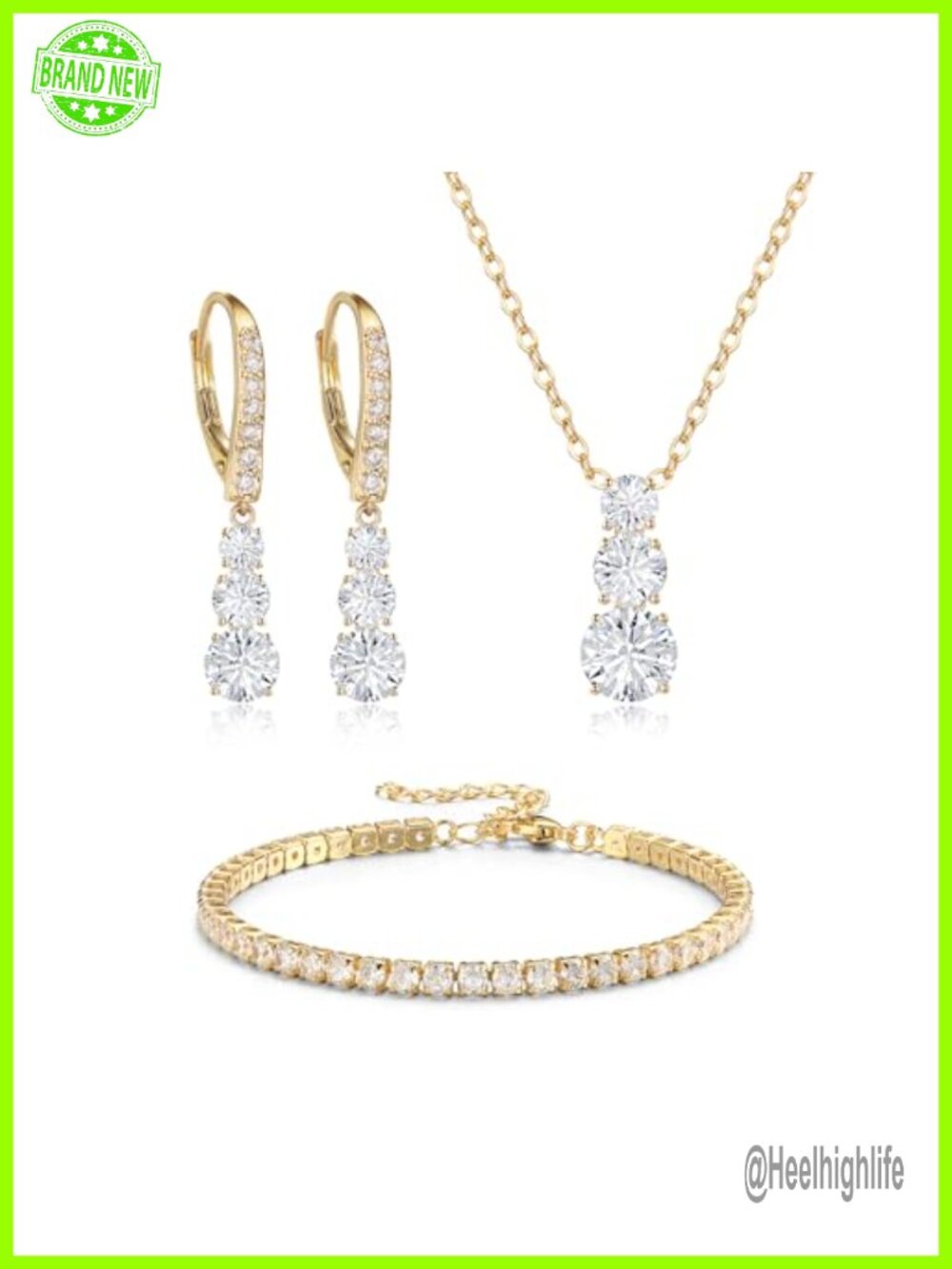 Cubic Zirconia Jewelry Set – Brass Necklace, Earrings & Bracelet for Wedding &